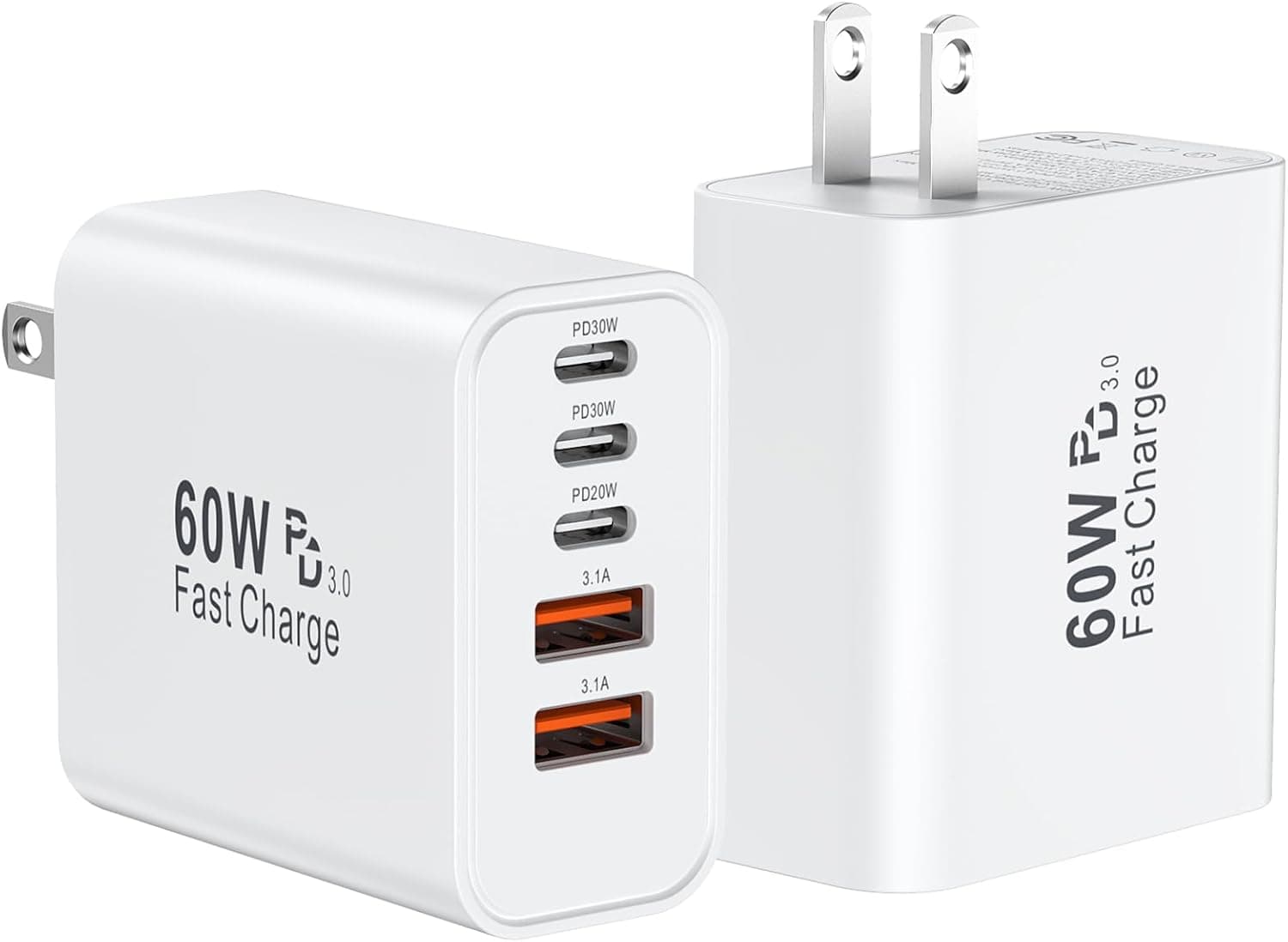 60W 5-Port USB-C Wall Charger, 2-pack