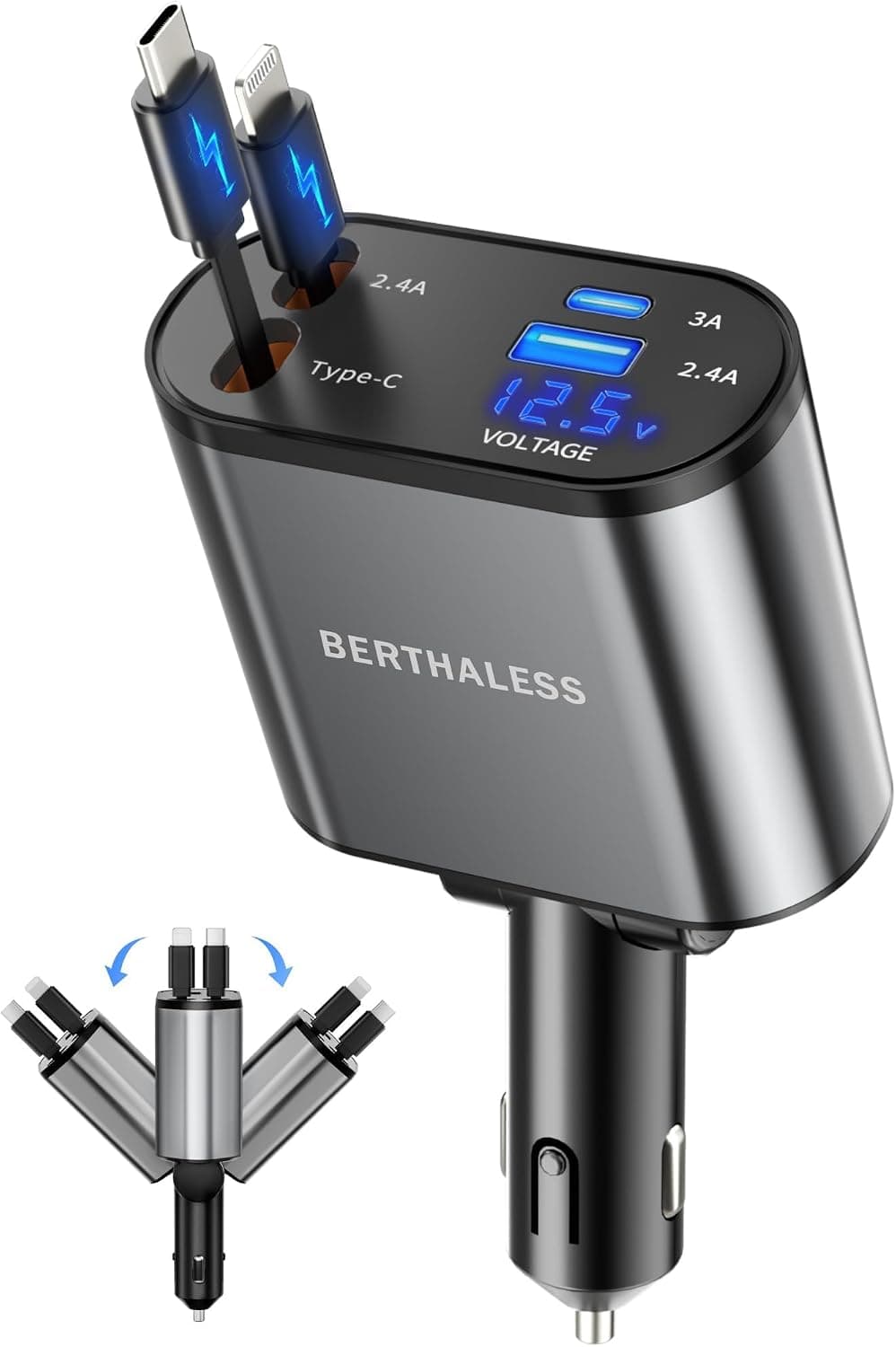 4-in-1 Retractable Car Charger with Voltage Display