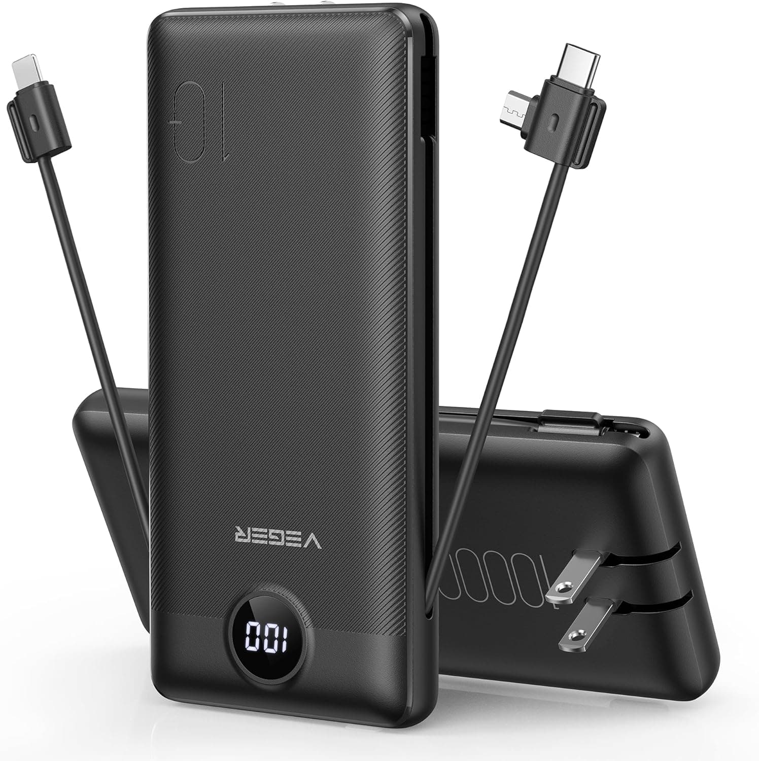 VEGER Power Bank with Cables and Plug, 10000 mAh